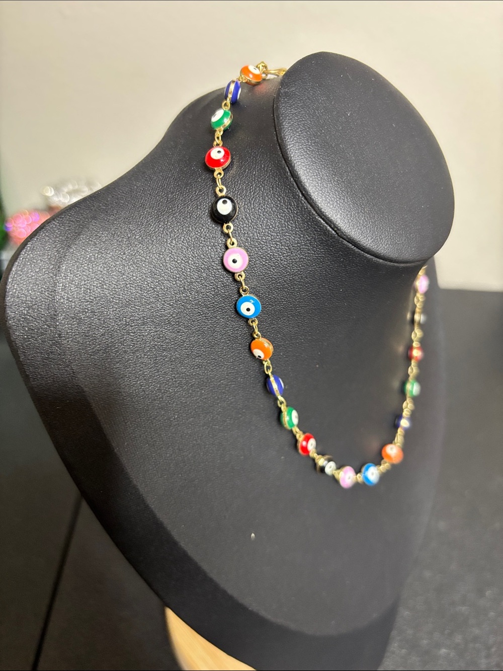 Dainty Multicolor Bead Evil Eye Necklace - Gold Tone Chain - Picture 4 of 6